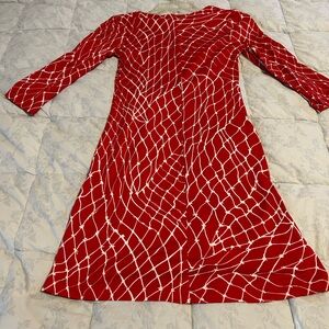 Red 3/4 Sleeve A-Line Dress with White Abstract Web Print